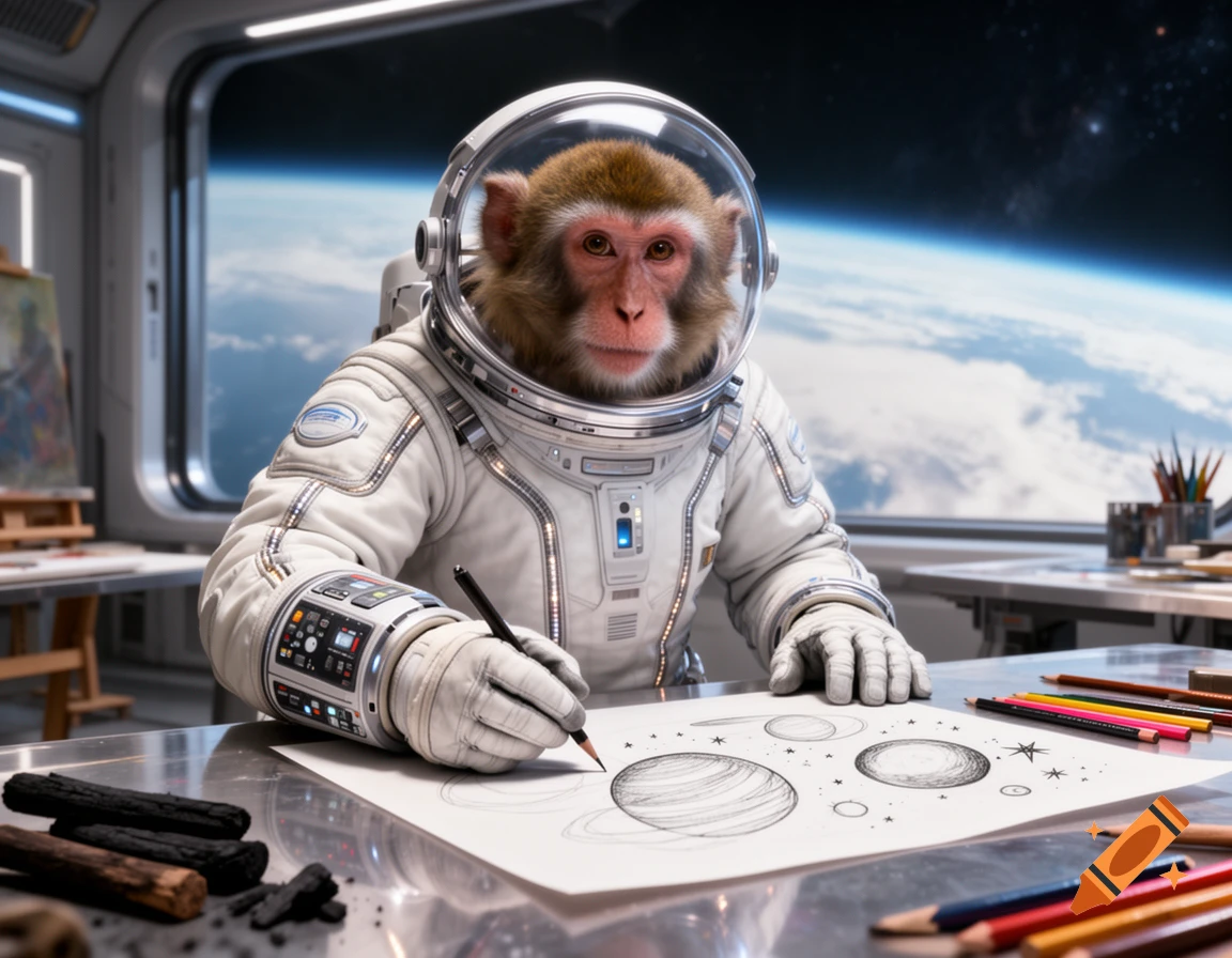 A monkey in an astronaut suit sits at a desk in a space station ...