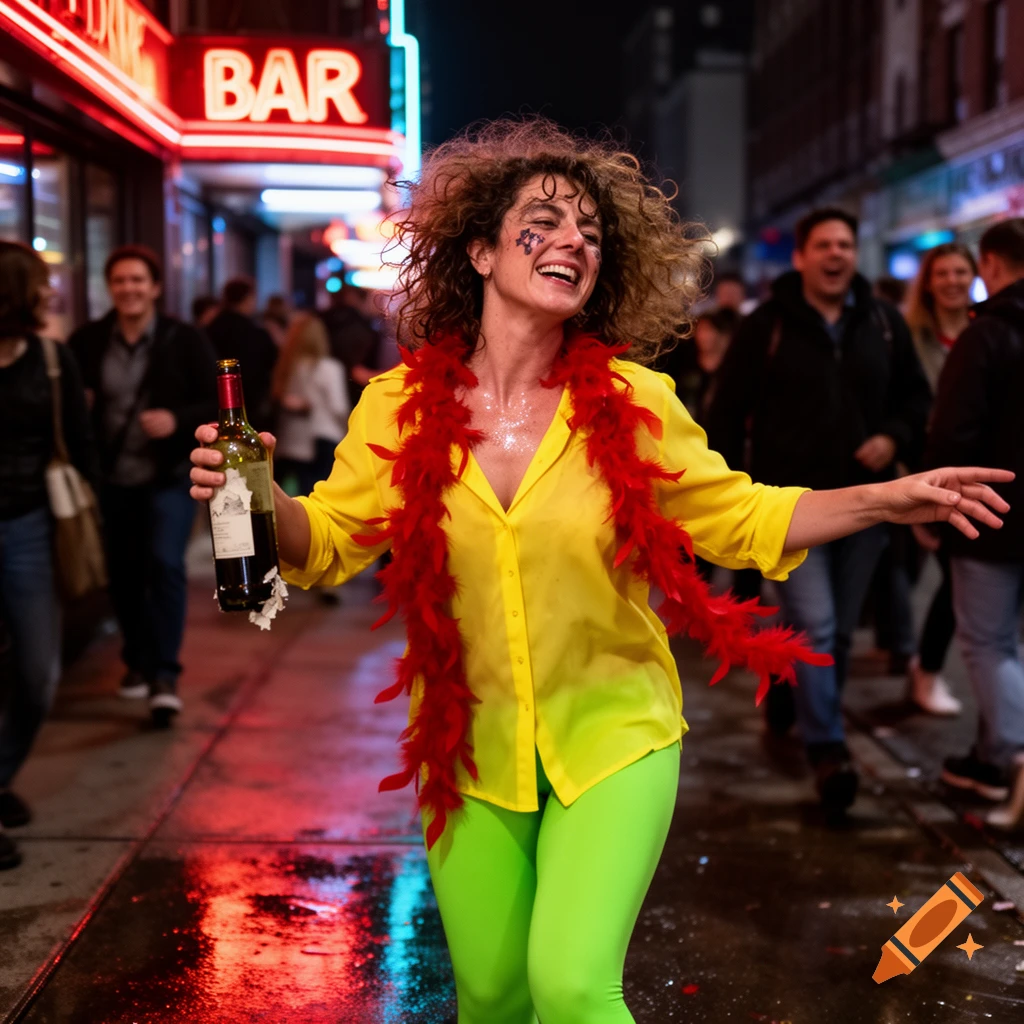 A smiling woman in a yellow shirt, red feather boa, and green leggings dances on a city street at night, holding a wine bottle. A neon BAR sign glows in the background.