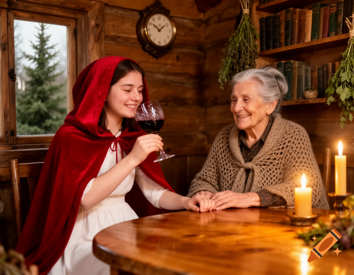 A young woman in a red hood drinks wine with an elderly woman in a cozy, rustic cabin, both smiling.