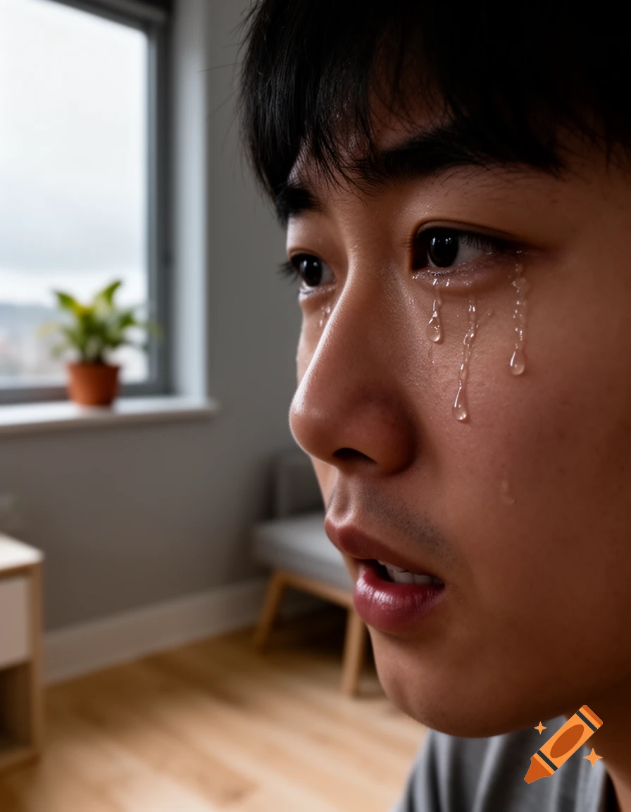 A young person cries with tears streaming down their face, looking away from the camera in a modern indoor setting.