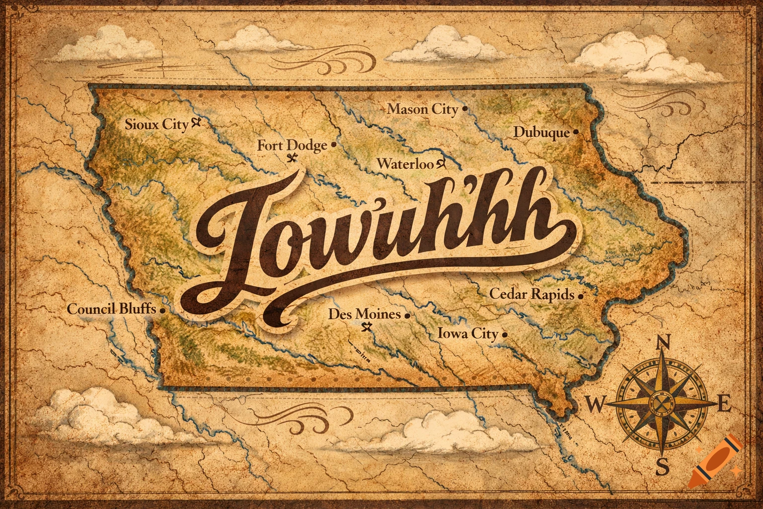 A vintage-style map of Iowa, with 'Iowuhhh' in cursive, showing cities and a compass rose.