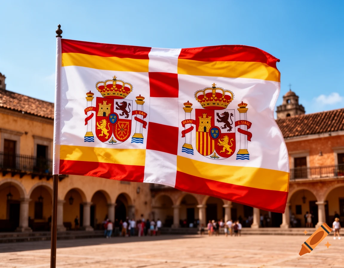 A Spanish historical flag with a coat of arms waves in a sunny plaza with old buildings.