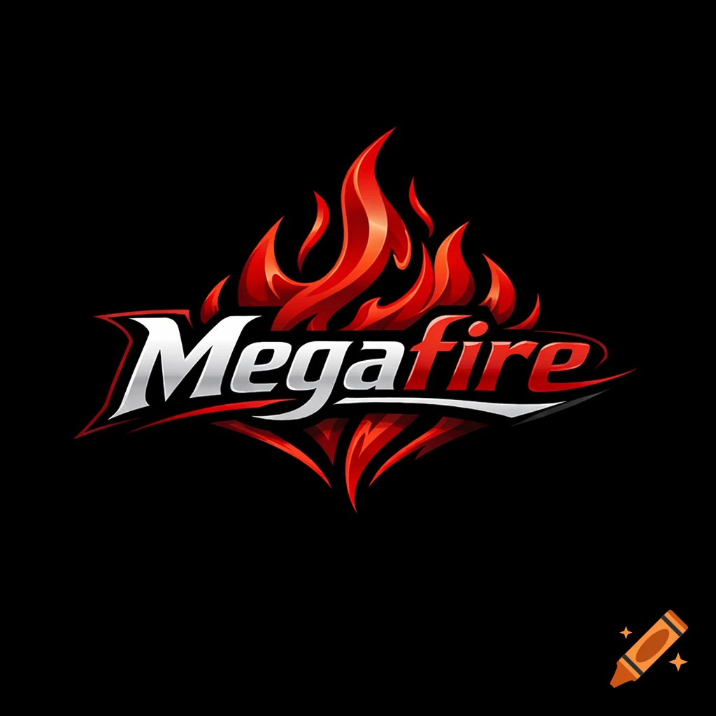 A sleek black and red logo for 'Megafire' with stylized flames rising above the text.