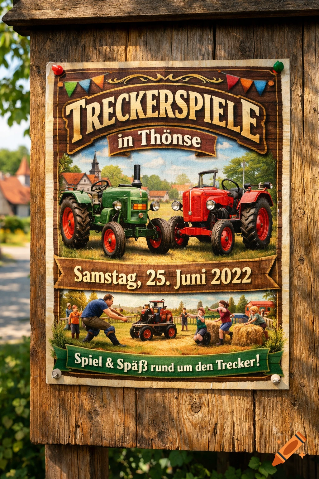 A vibrant poster for 'Treckerspiele in Thönse' featuring green and red vintage tractors, people playing, and the date June 25, 2022.