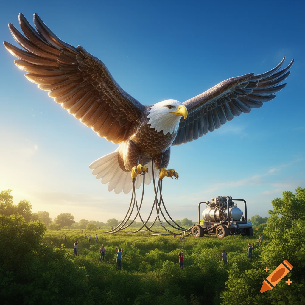 A colossal inflatable bald eagle with spread wings looms over a green field, connected by tubes to a compressor truck, with tiny people looking up under a bright blue sky.