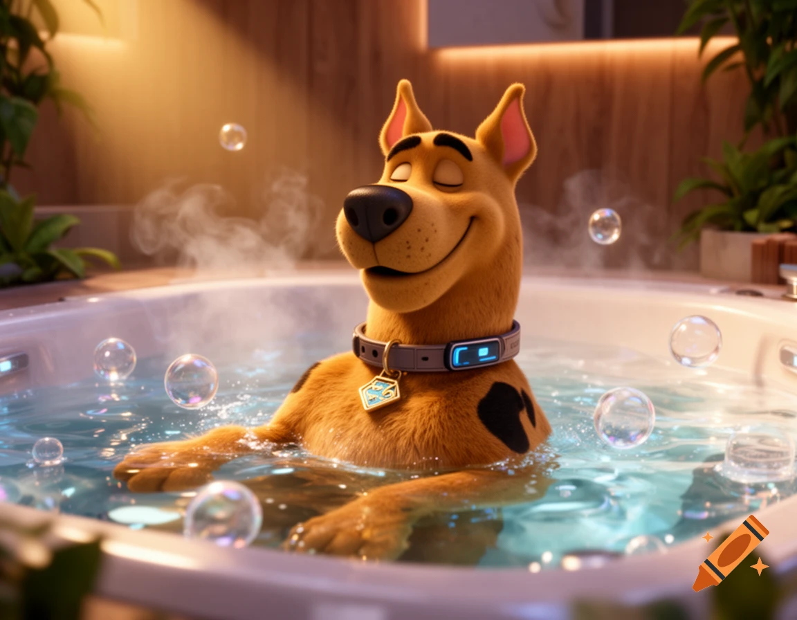 Scooby-Doo relaxing chest-deep in a steaming hot tub with bubbles, in a 3D CGI animation style.