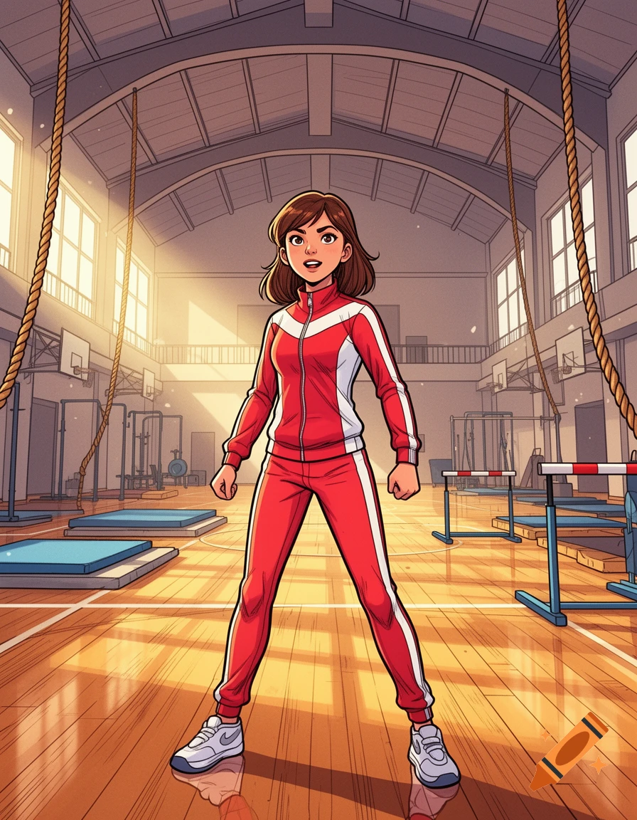 A cartoon girl in a red and white tracksuit stands in a brightly lit gym with ropes and hurdles, looking determined.