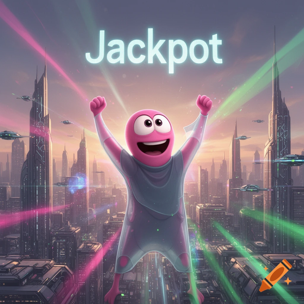 A pink, alien-like cartoon character cheers above a futuristic city with "Jackpot" floating above it.