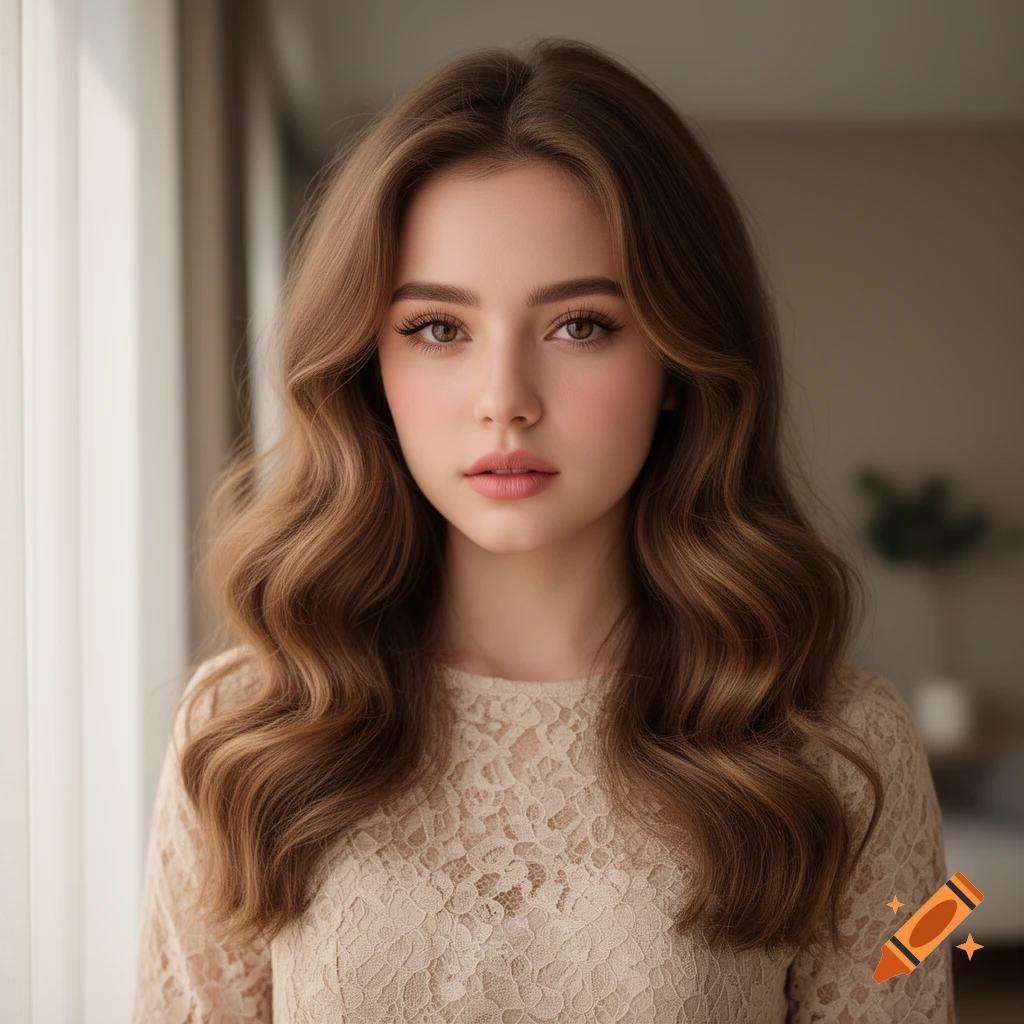 A photorealistic portrait of a young woman with long, wavy brown hair ...