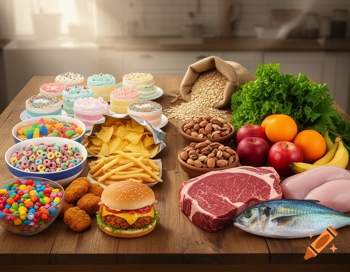 A top-down, photorealistic view of a wooden table contrasting processed foods with healthy, unprocessed foods.