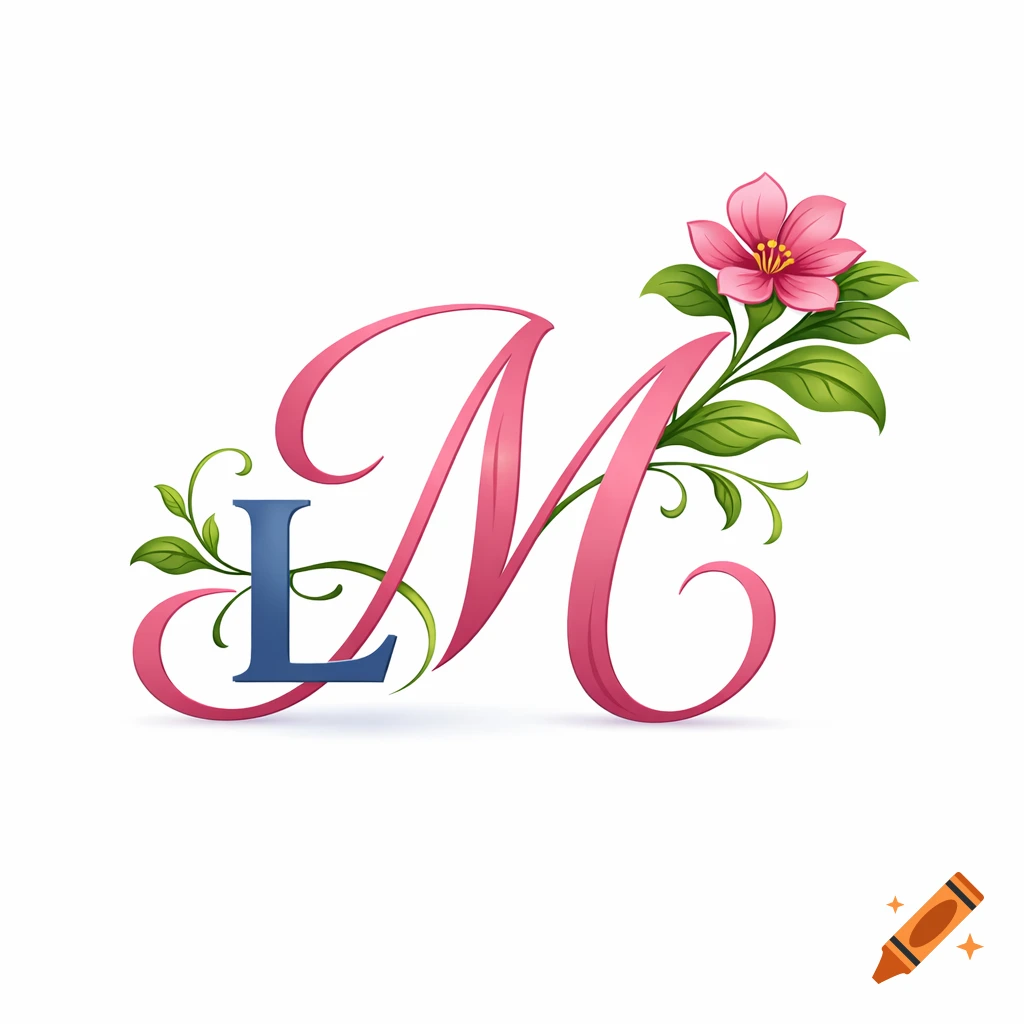A decorative monogram features a small blue capital 'L' interlaced with a larger pink cursive 'M', adorned with a pink flower and green leaves.