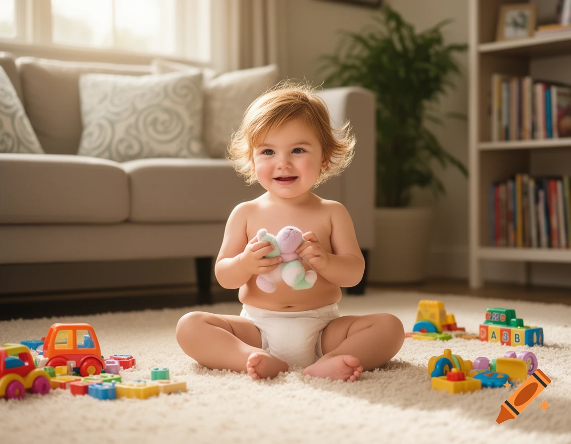 Happy baby in a diaper sitting on a rug, holding a plush toy, surrounded by colorful blocks and toys in a sunny living room.