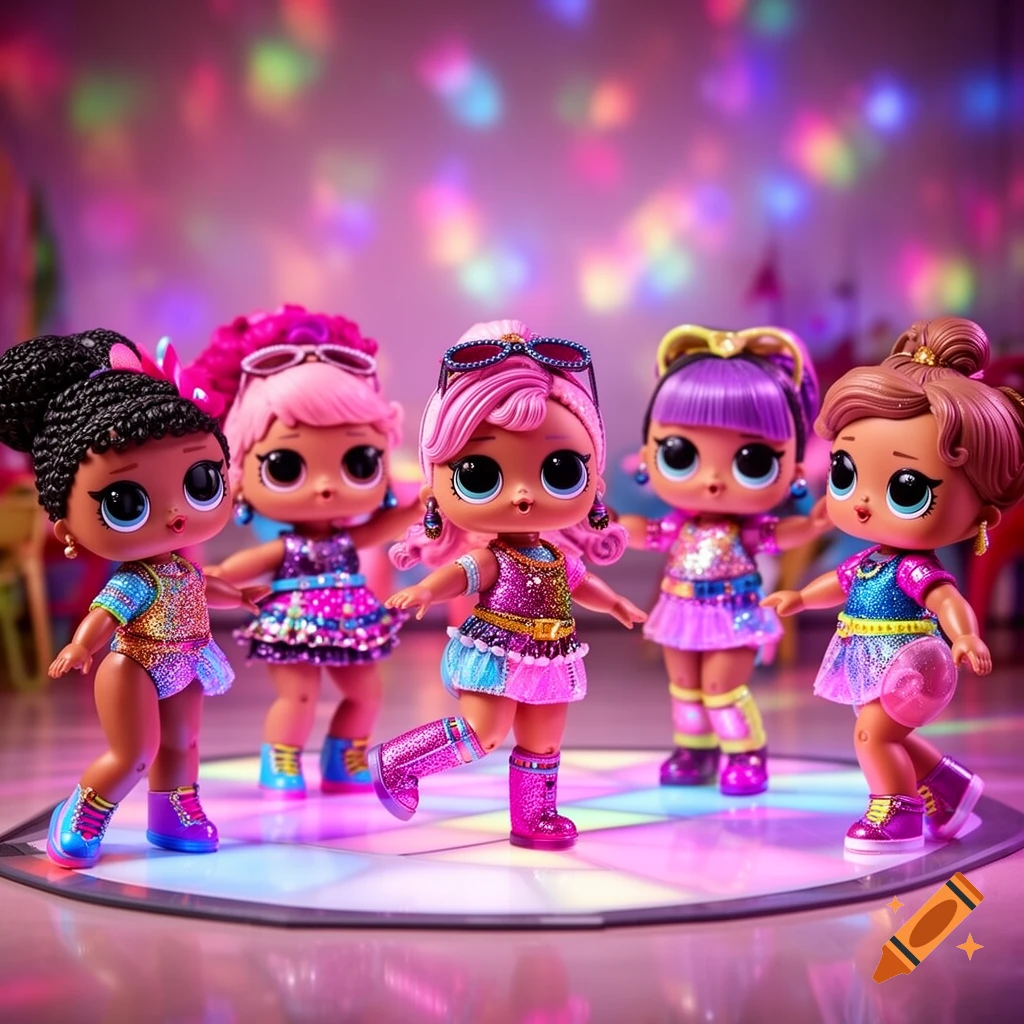 Five vibrant LOL Surprise dolls in glittery outfits dancing on a lit disco floor with colorful background lights.