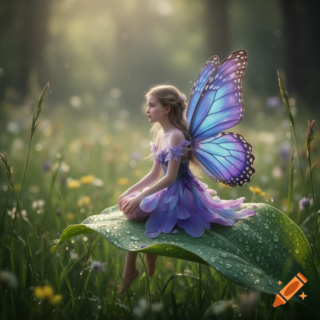 A young fairy with long blonde hair and vibrant blue-purple butterfly wings sits on a dew-covered green leaf in a sunlit meadow.