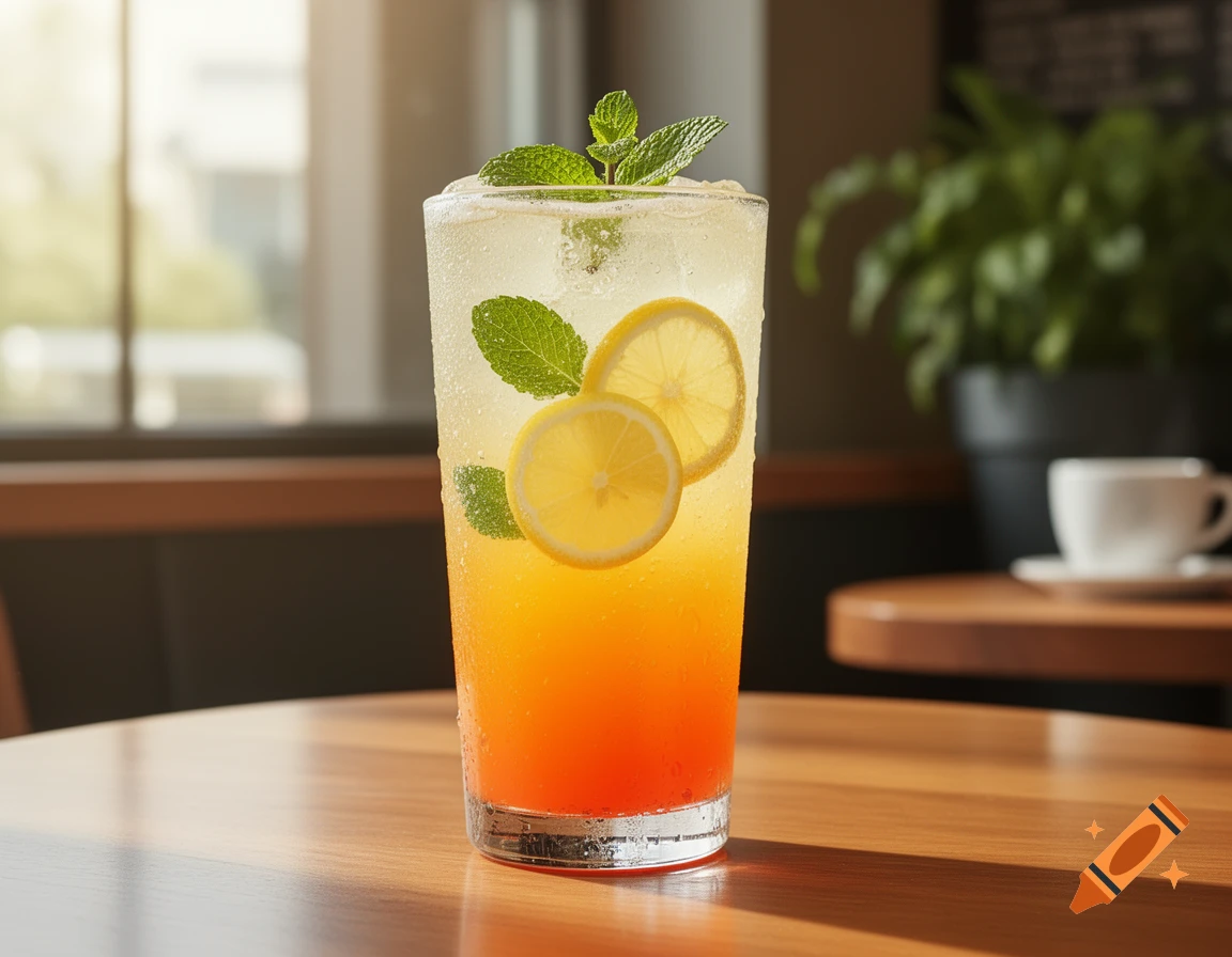 A tall glass of layered orange and yellow lemonade with ice, lemon slices, and mint leaves, on a wooden cafe table with a blurred background.