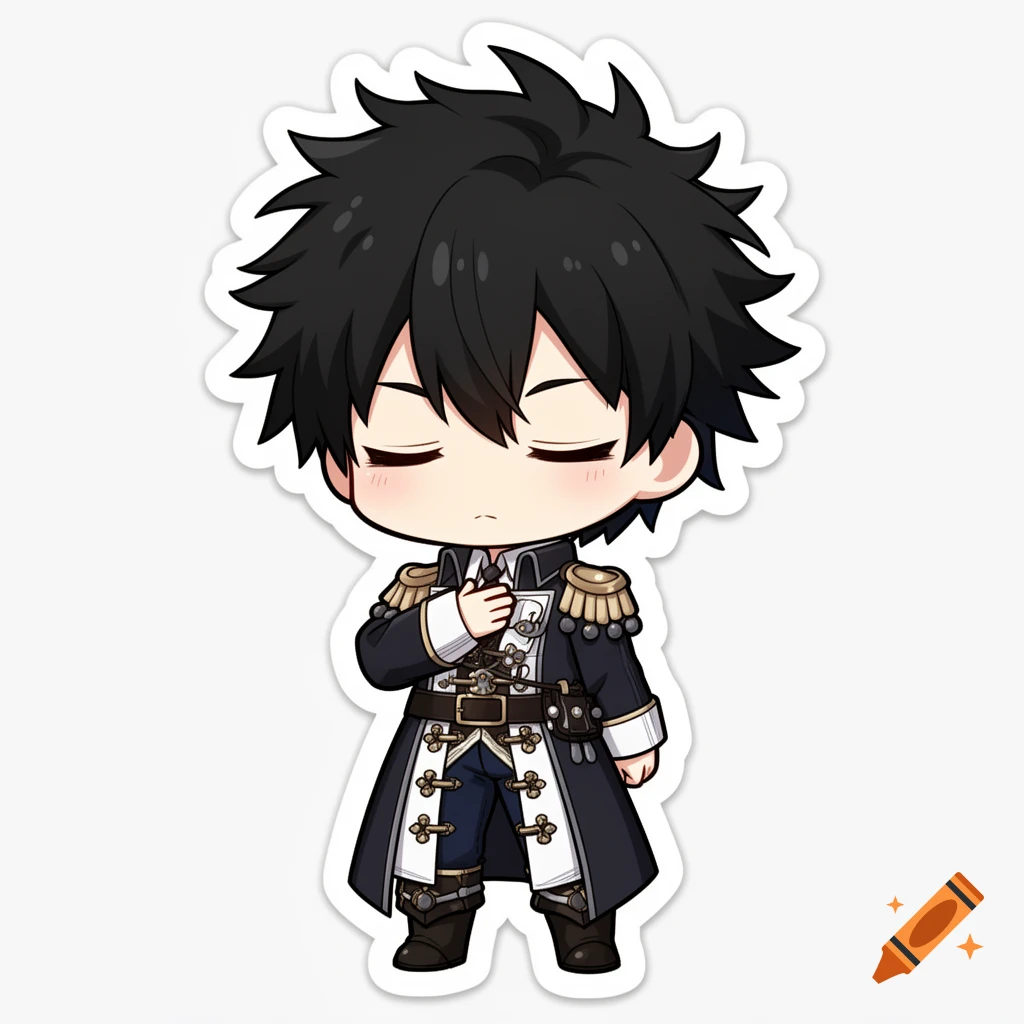 A chibi anime boy with black spiky hair, eyes closed, hand over chest, wearing a fantasy soldier uniform, in a sticker style.