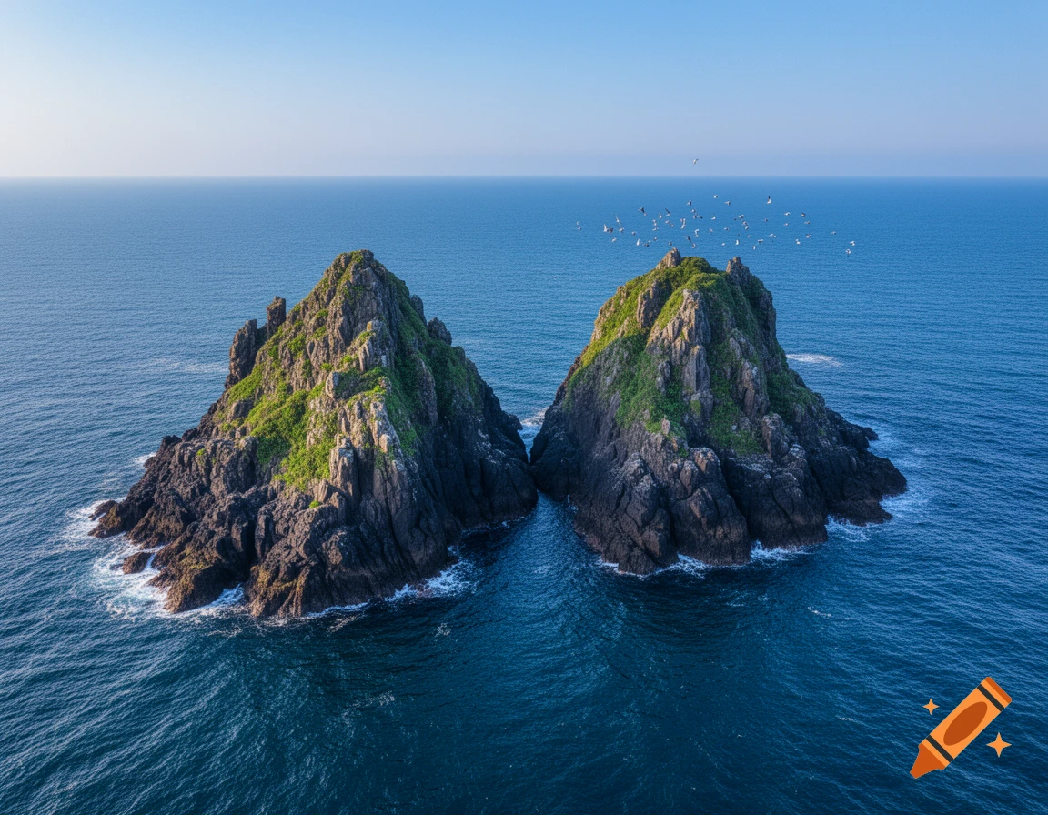 Two rocky islands covered in green vegetation rise from a deep blue ocean under a clear sky, with birds flying.