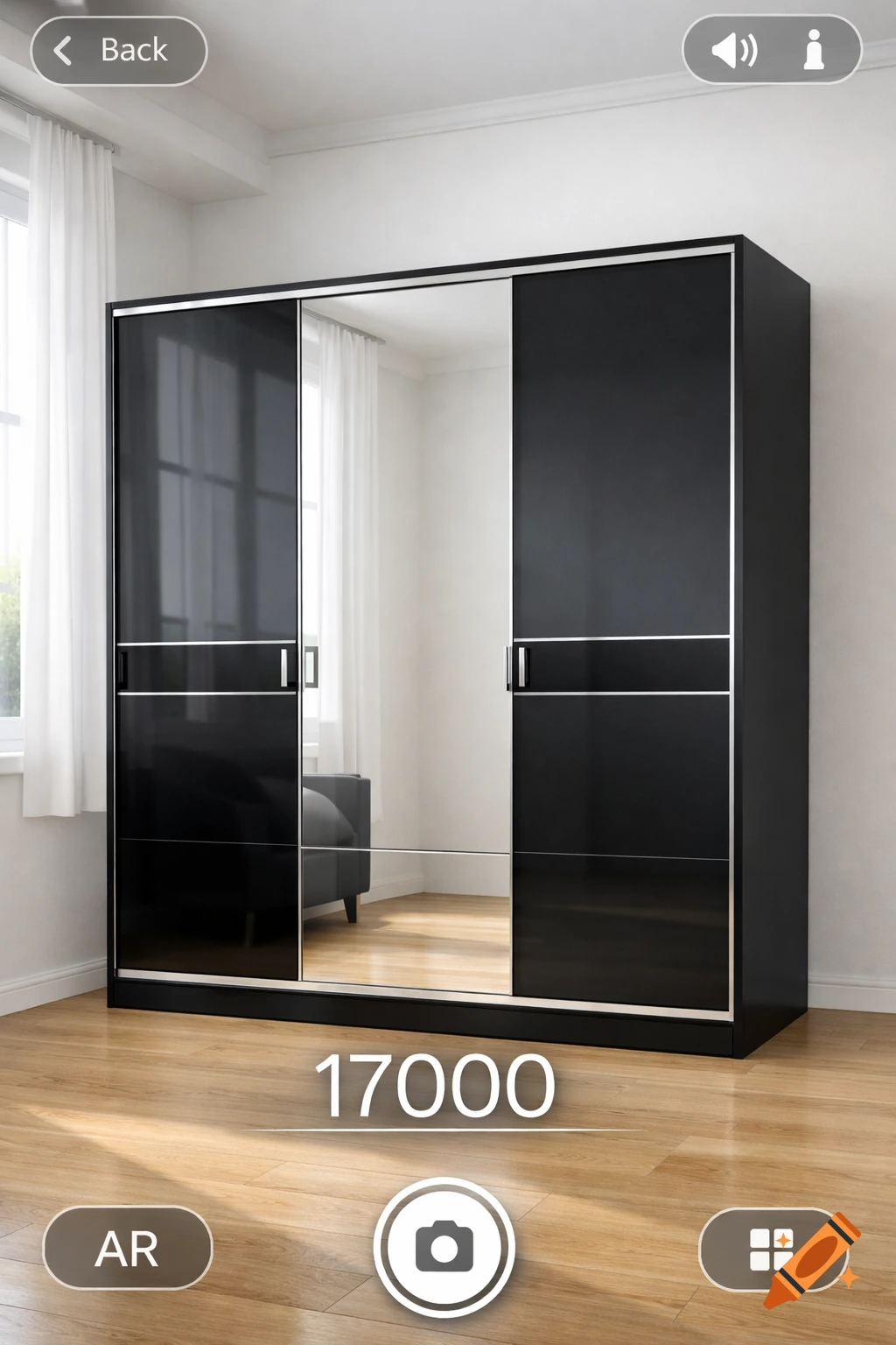 A photorealistic black sliding wardrobe with mirror panels in a bright room, shown via an AR app interface displaying '17000'.