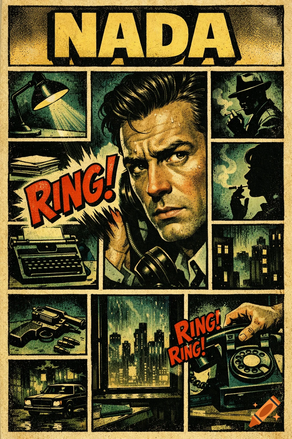 A vintage comic-book collage page in noir style shows a worried man on the phone, a ringing phone, gun, and city skyline. Text reads 'NADA' and 'RING!'