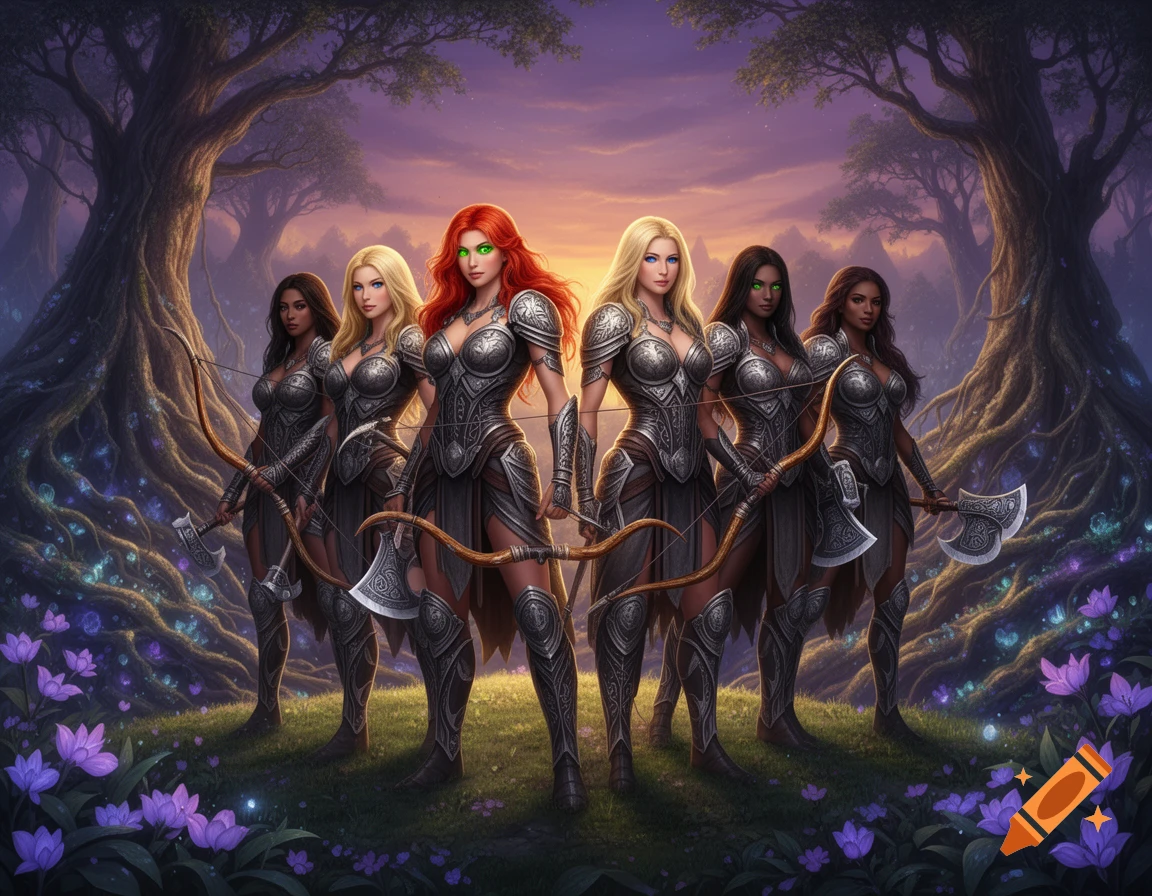 Six warrior maidens in ornate fantasy armor stand in a magical forest with glowing plants and gnarled trees, some holding bows and axes.