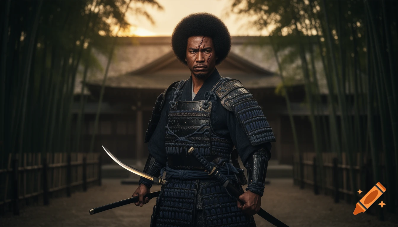 Dark-skinned samurai with an afro and facial scar holds two swords on a bamboo-lined path, in a realistic cinematic style.