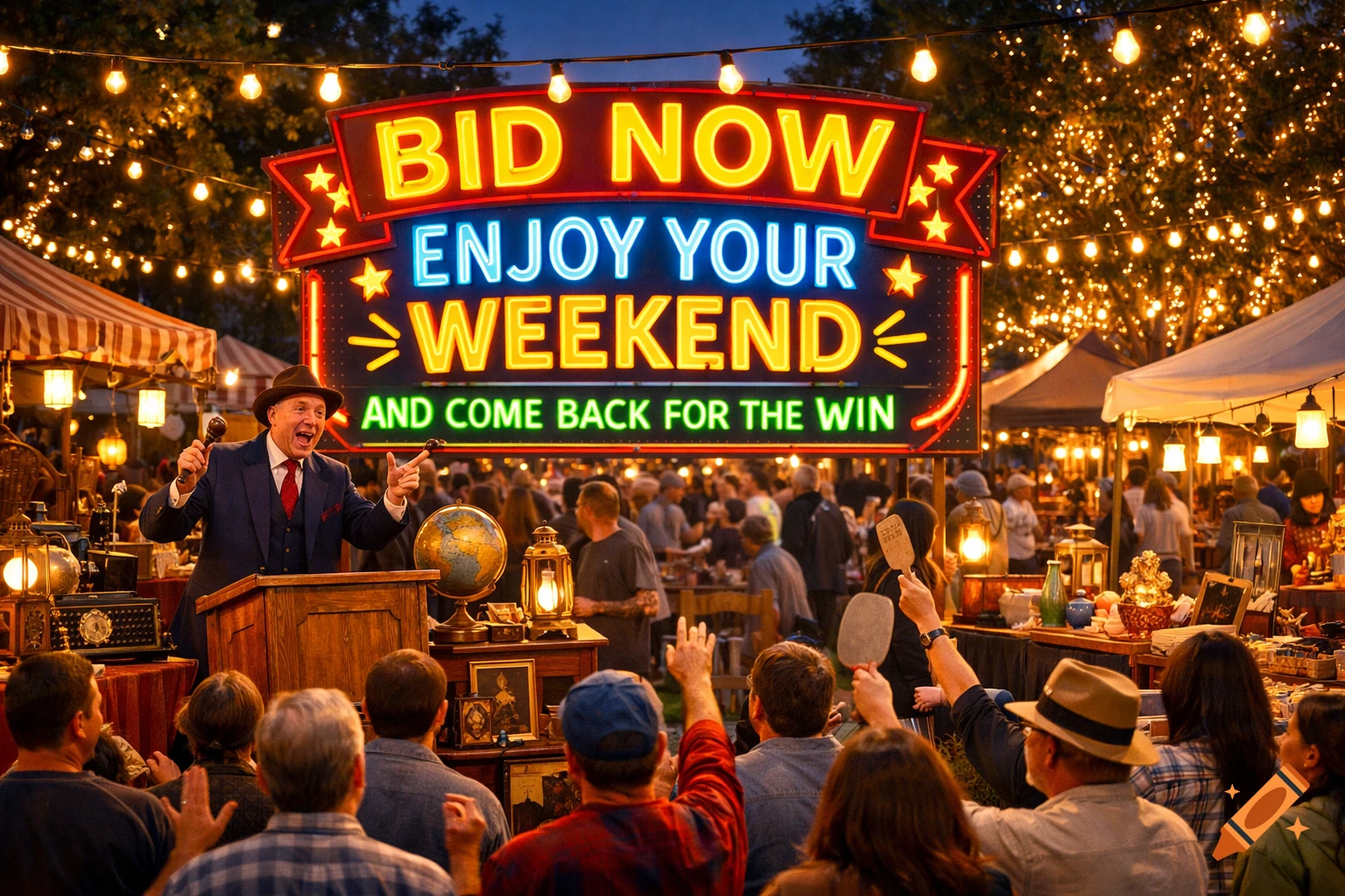 An outdoor night auction with a lively crowd bidding, an auctioneer at a podium, and a glowing neon sign above.