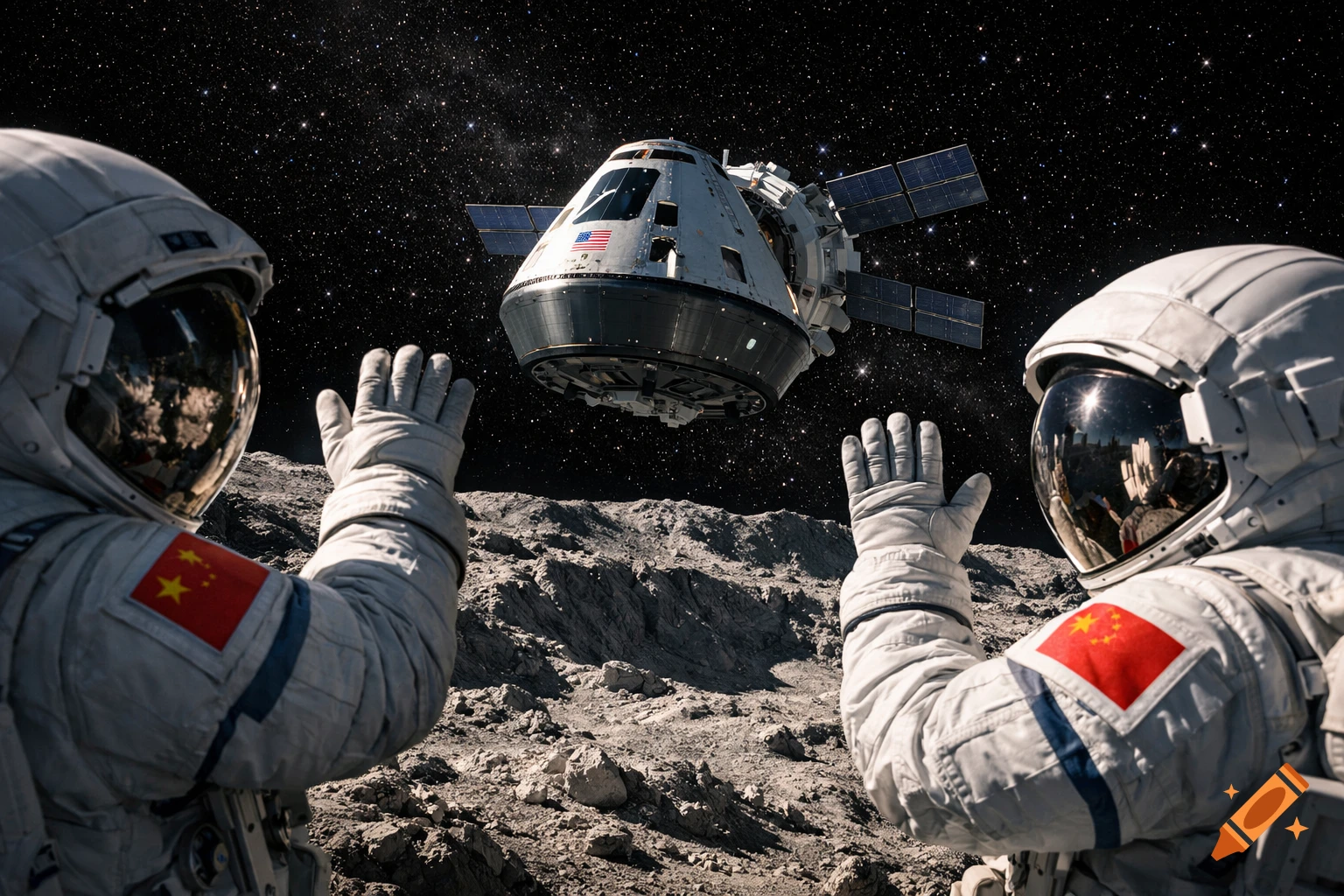 Two Chinese astronauts on the moon wave at a passing US Artemis 2 spacecraft under a starry sky.