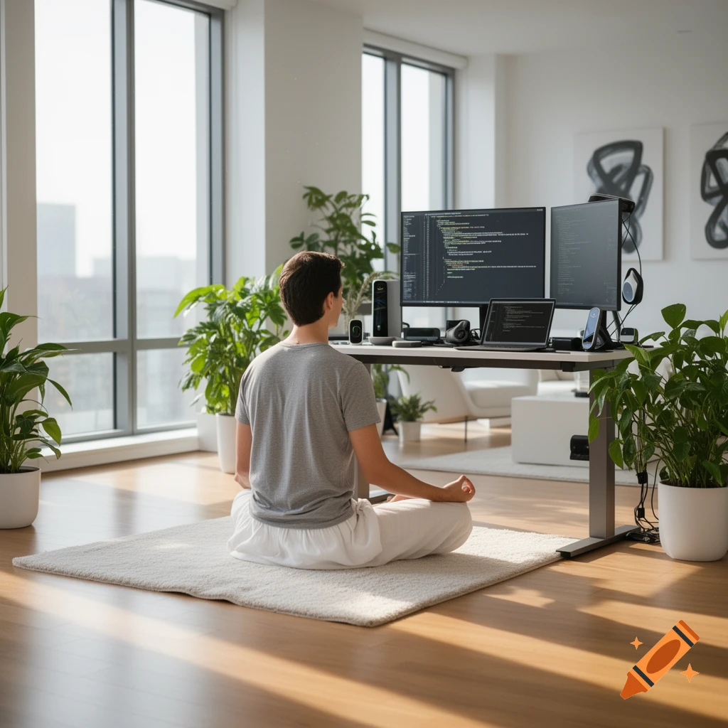 A man in a grey t-shirt and white pants meditates in a modern room with large windows, several plants, and a desk with multiple computer monitors displaying code.