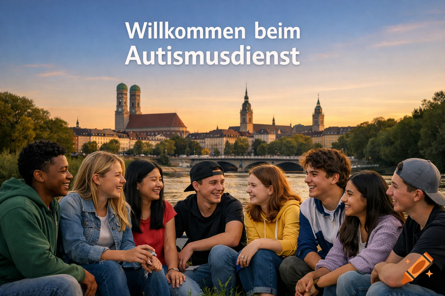 Diverse young people smile by a river with the Munich skyline at sunset, text reads 'Willkommen beim Autismusdienst'.