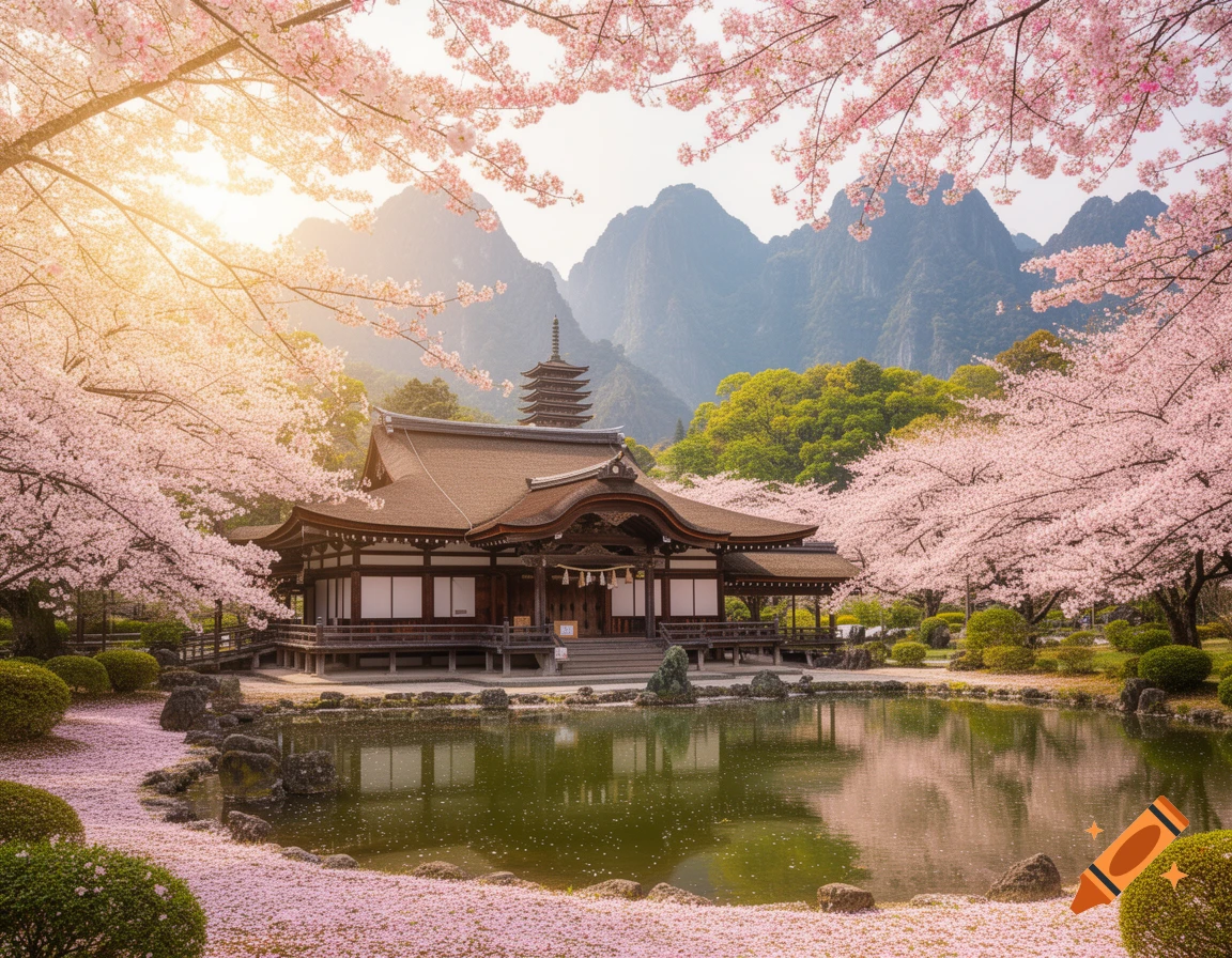 Photorealistic Japanese temple and pagoda surrounded by pink cherry blossoms, next to a pond, with mountains in the background.