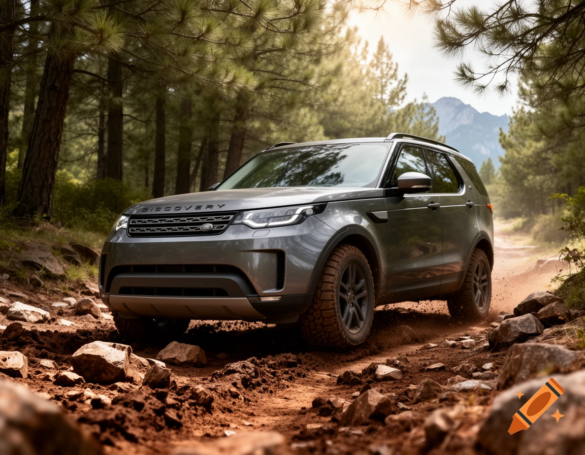 A gray Land Rover Discovery SUV drives on a dusty, rocky off-road trail through a sunny forest with mountains in the background.