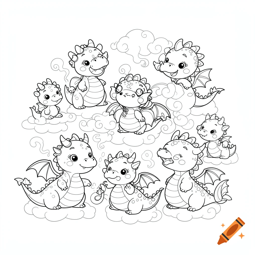 Multiple cute cartoon dragons in a line art style, sitting and standing on clouds, for a coloring book.