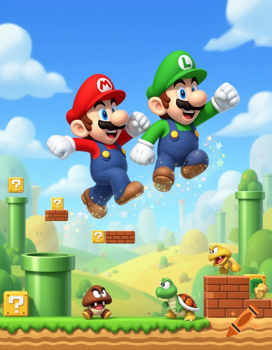 Mario and Luigi jump with stars in a vibrant Super Mario Bros. landscape, featuring classic enemies, pipes, and question blocks.