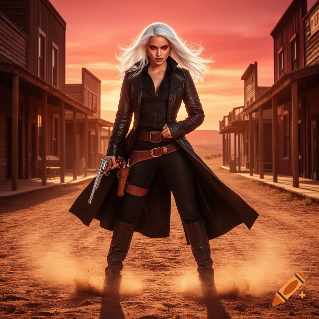 Photorealistic female gunslinger with white hair and red eyes stands in a dusty Old West town at sunset, holding a revolver.