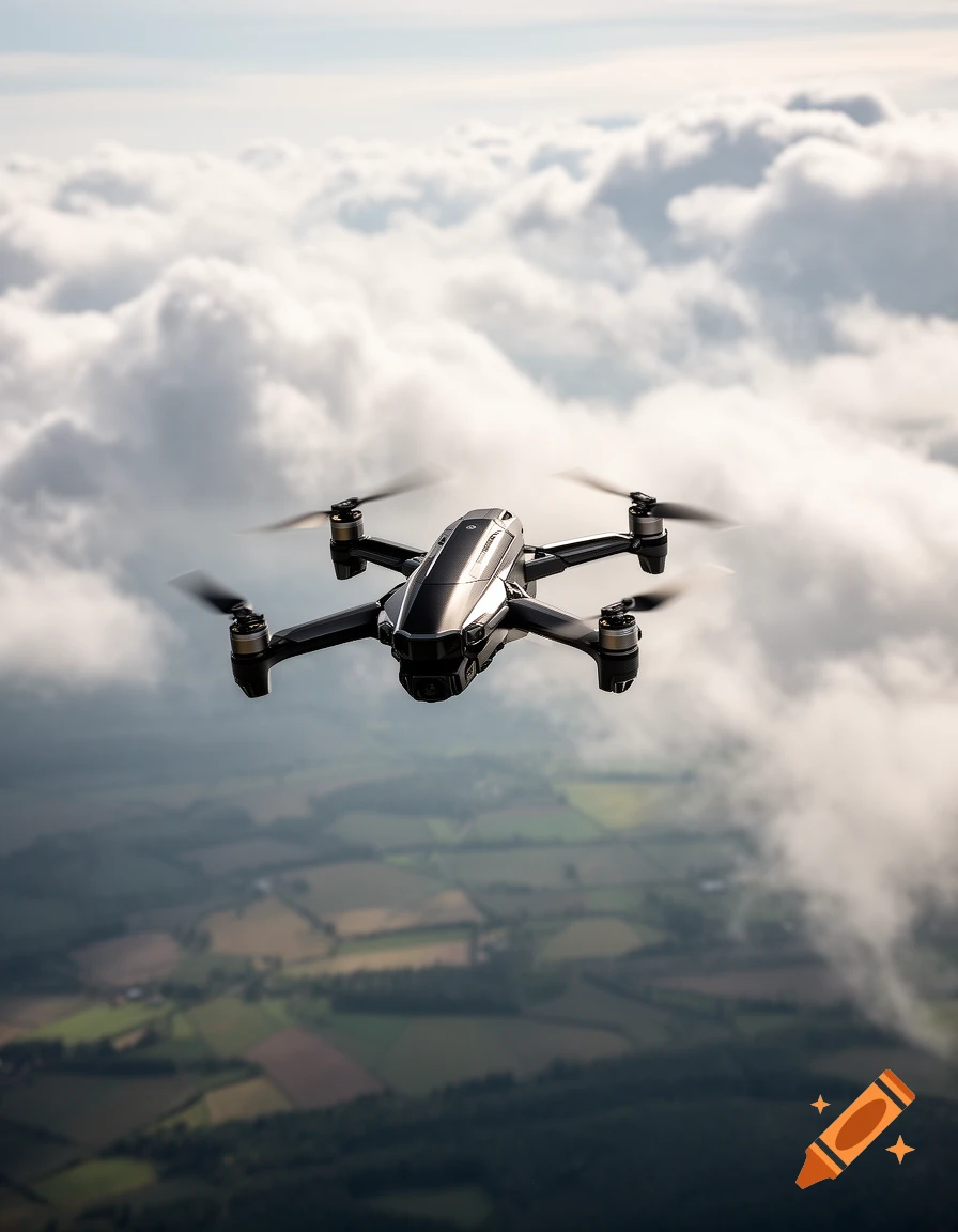 A sleek black and silver drone flies high in the sky above a layer of fluffy white clouds and green fields.