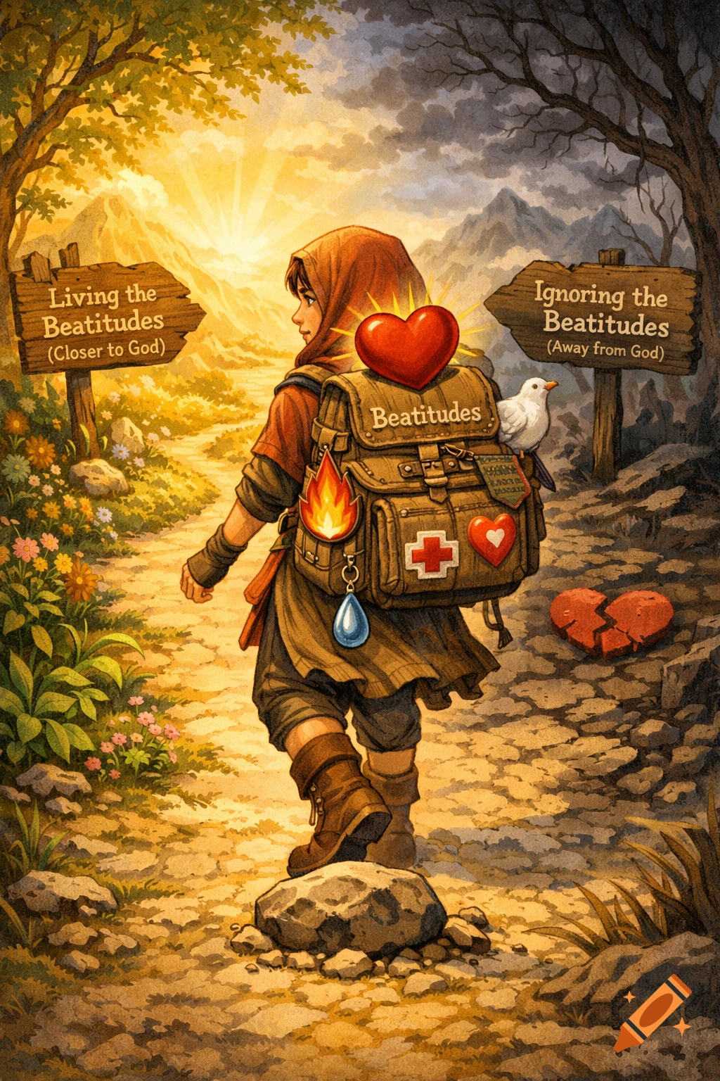 An illustration of a hooded child with a backpack, choosing between a bright path labeled 'Living the Beatitudes' and a dark path labeled 'Ignoring the Beatitudes'. The backpack has a heart, dove, flame, and first-aid symbol.
