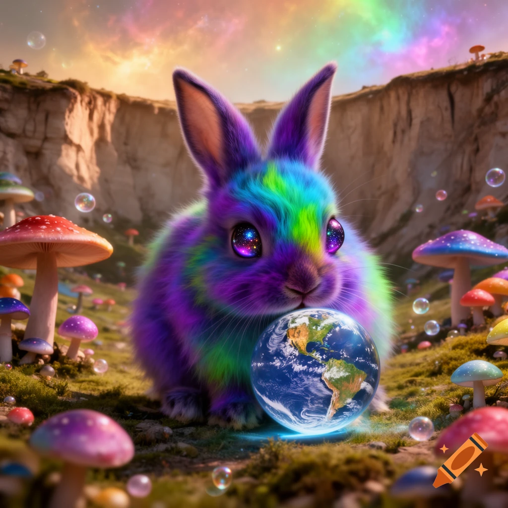 A vibrant psychedelic rabbit with glowing eyes holds a glowing ...