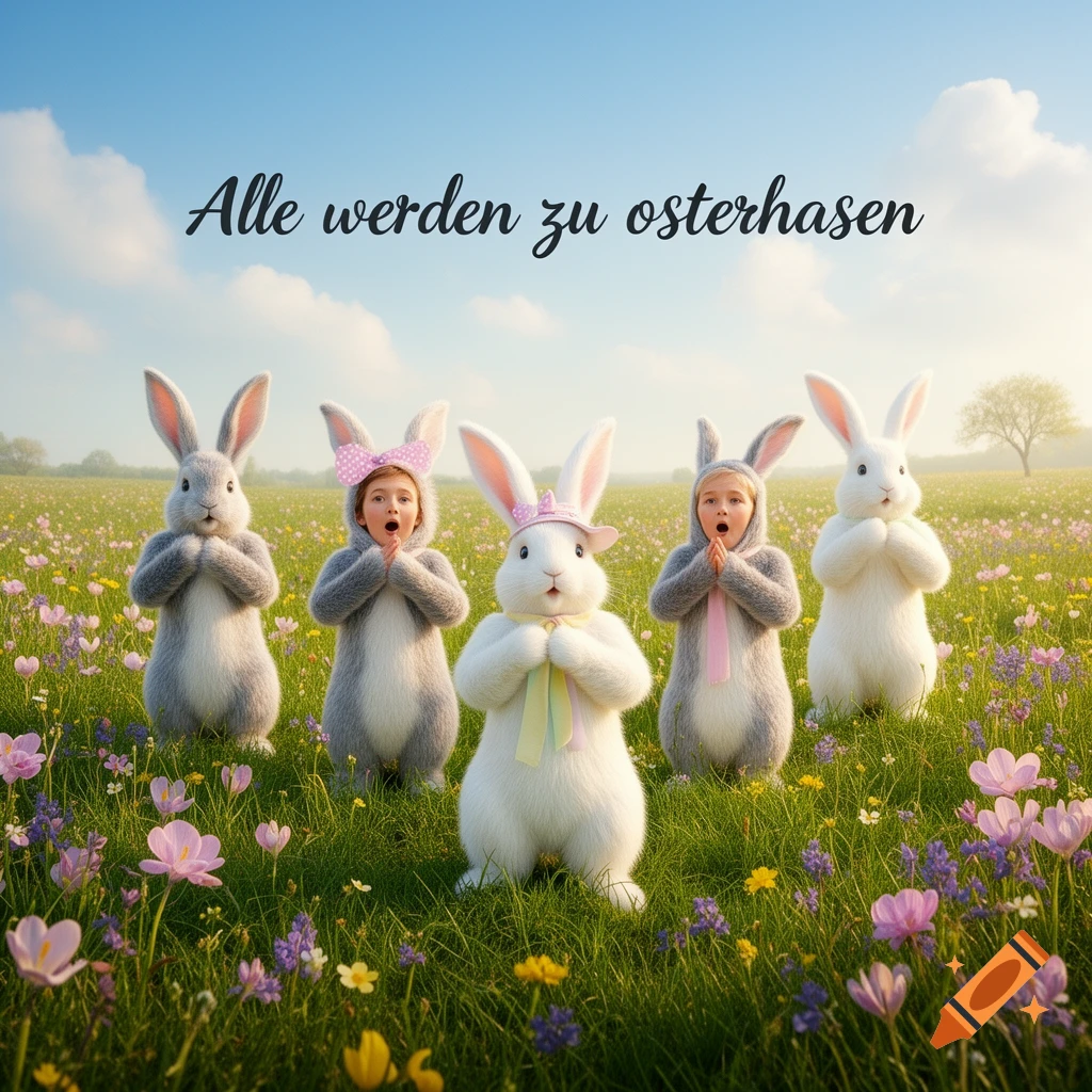 Five children and rabbits in a sunny field of colorful flowers with 'Alle werden zu Osterhasen' text.