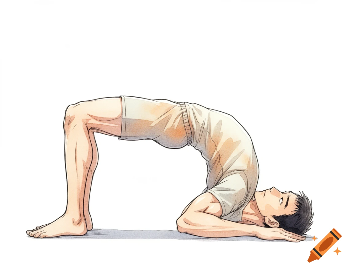 Hand-drawn anime illustration of an Asian man in a bridge yoga pose on a white background.