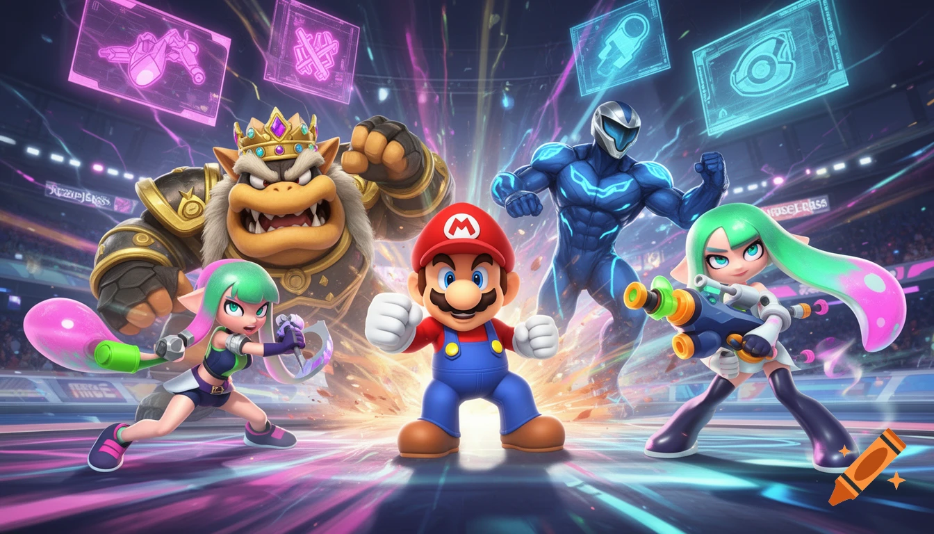 Mario, King K Rool, Captain Falcon, and two Inklings posed in a vibrant, stylized fighting game arena with glowing holographic screens.