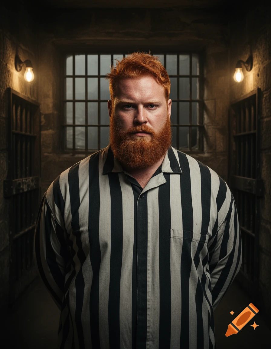 A red-haired, bearded man in a black and white striped prison uniform ...