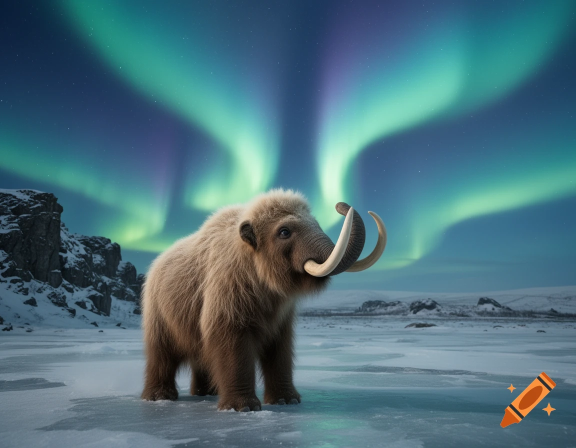 Photorealistic baby woolly mammoth standing on ice in an arctic landscape under vibrant green and purple northern lights.