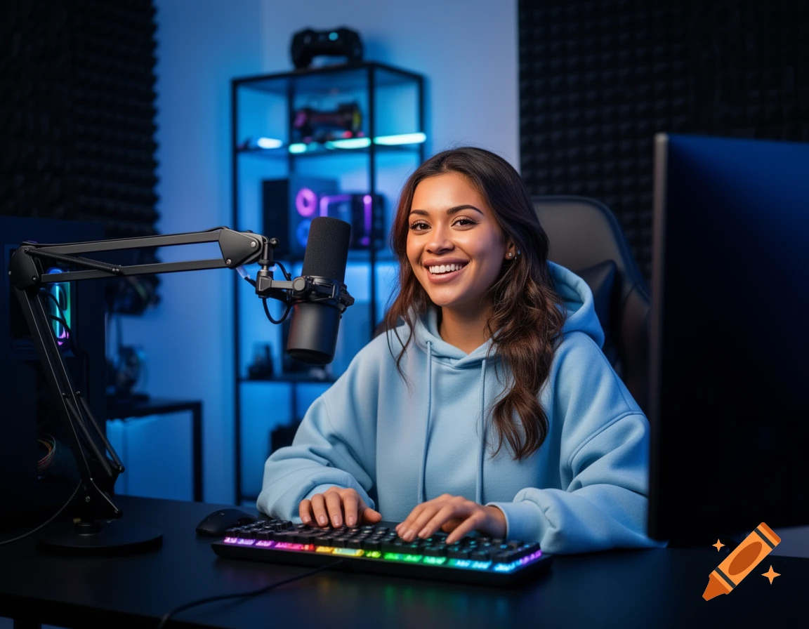 A smiling young woman in a light blue hoodie sits at a desk with a microphone and an RGB keyboard in a gaming/streaming room with blue lighting.