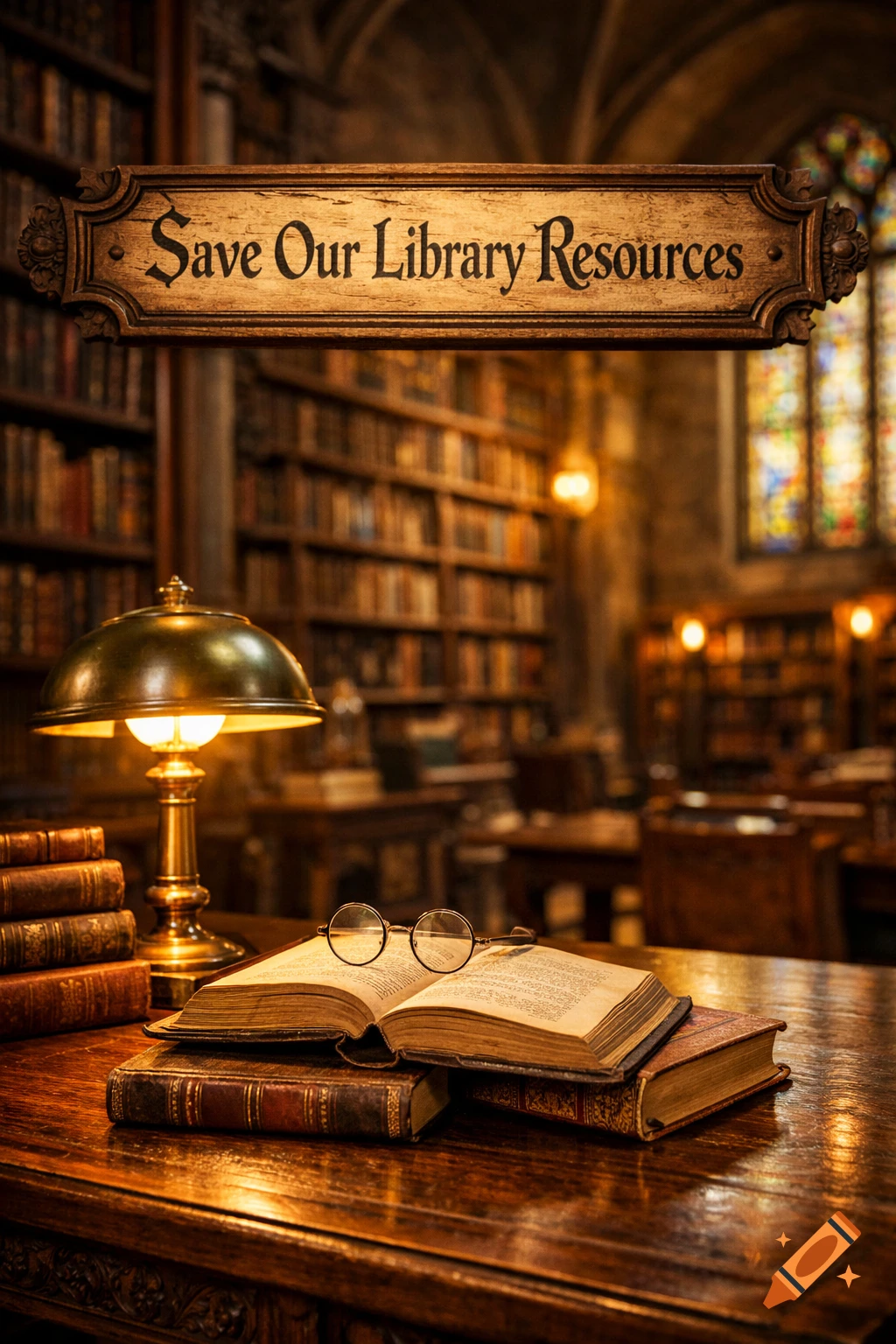 A vintage library desk with an open book, reading glasses, a lamp, and stacked books, under a wooden sign saying 'Save Our Library Resources', with blurred bookshelves in the background.