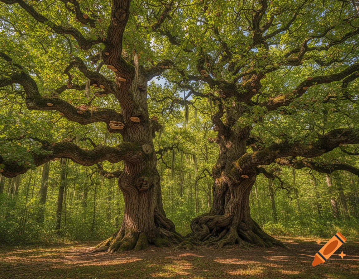 Two ancient, gnarled oak trees with lush green leaves stand close together in a sun-dappled forest.