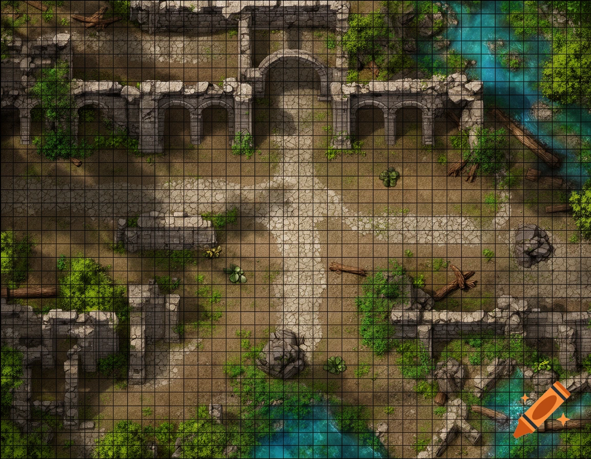 Overhead grid map of ancient ruins with a river, overgrown foliage, and pathways, for a TTRPG encounter.