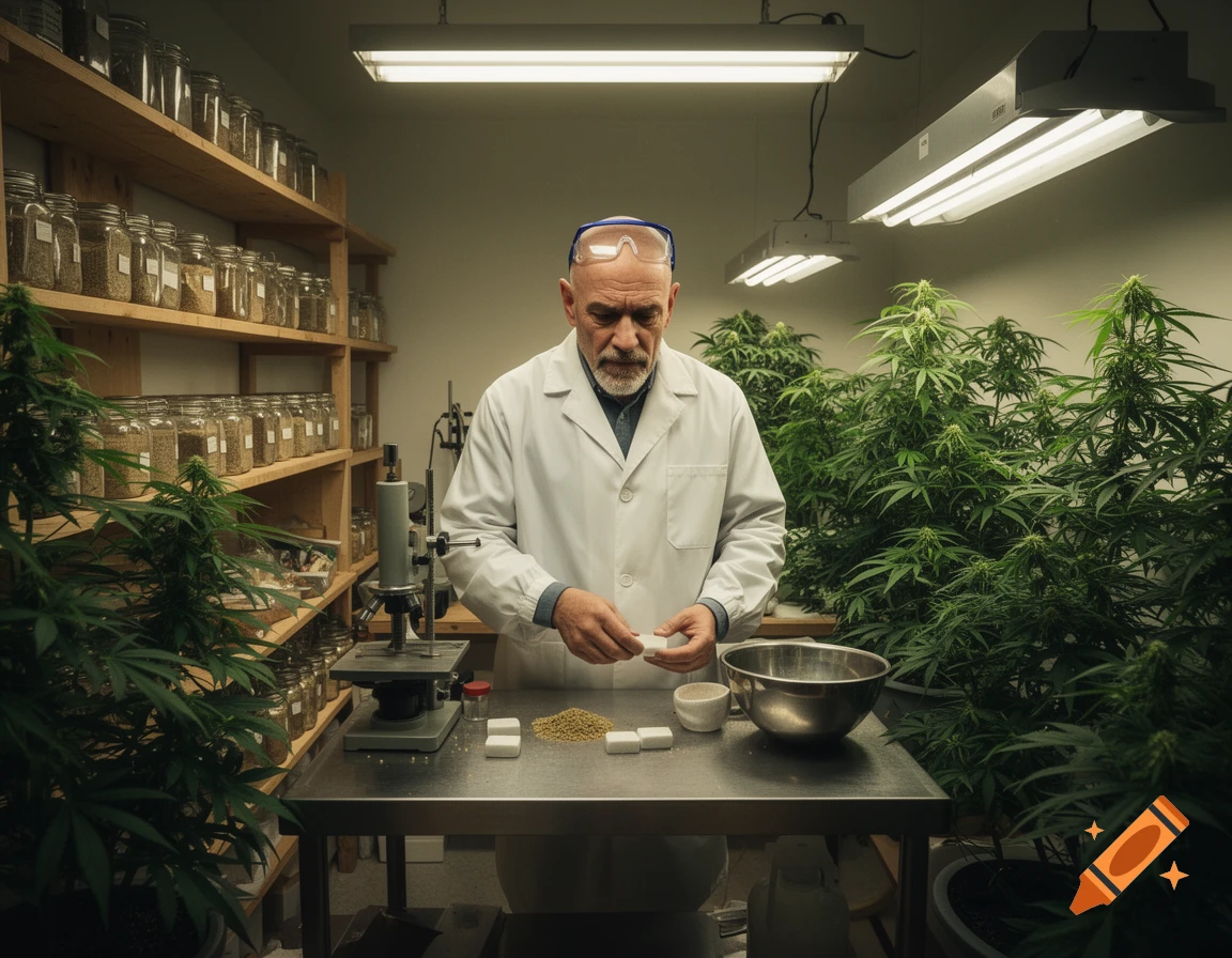 Man in lab coat in a cannabis cultivation room, preparing a substance on a table with a microscope and jars on shelves.