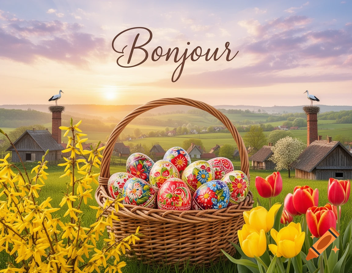 A vibrant Easter postcard scene with a basket of decorated eggs, yellow forsythia, and red and yellow tulips in a green field. Storks nest on chimneys under a sunset sky, with "Bonjour" written above.