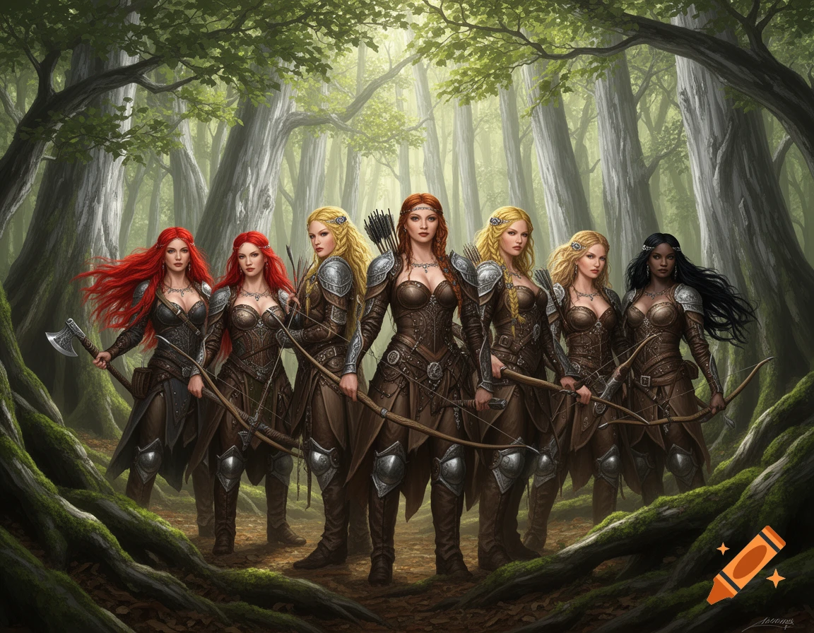 Six fantasy warrior women with red, blonde, and black hair, some holding bows and an axe, stand in a dense, mystical forest.