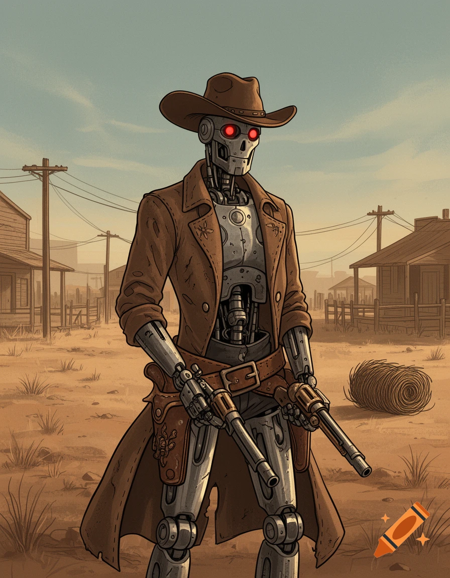 A stylized robot cowboy with glowing red eyes, wearing a duster coat and hat, holding two revolvers in a dusty Old West town.